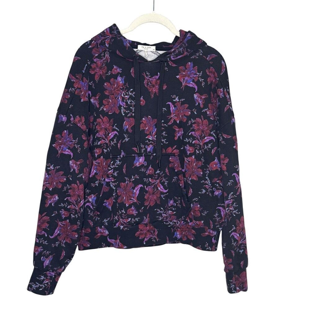 Rag & Bone Hoodie Womens Small Black Purple Red Floral Pullover Organic Cotton